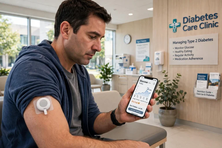 Glucose Monitors Help Type 2 Diabetes Patients in Major Trial Person with type 2 diabetes wearing a continuous glucose monitor and checking readings on a smartphone