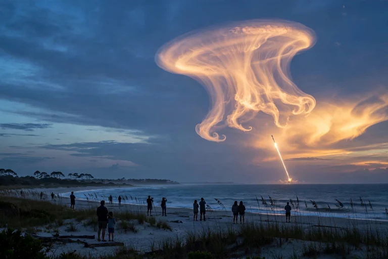 SpaceX Launch Paints a Stunning Jellyfish Cloud Over the US East Coast SpaceX rocket launch at dawn creating a glowing jellyfish-shaped cloud over the US East Coast